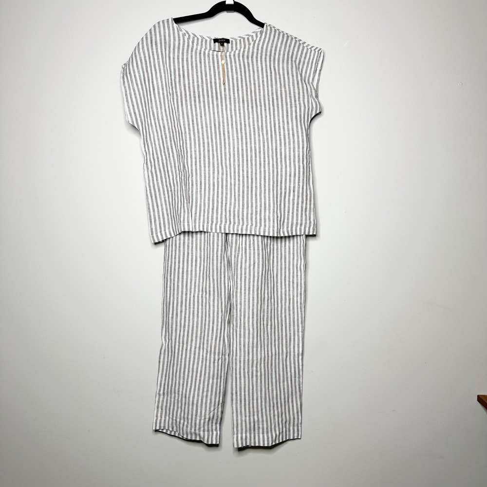 Quince European 100% Linen Striped Pajama Set Women L Grey White Short Sleeve